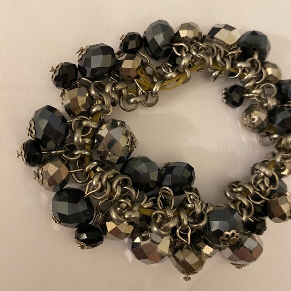 Vintage ALI KHAN New York Bracelet Cluster Black Clear Glass Beads Stretch - Picture 3 of 6